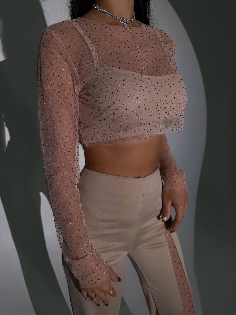 Комплект: топ + штани із сіткою зі стразами  Комплект: топ + штани із сіткою зі стразами  | PUSHKA SHOP