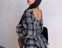 Корсетна сукня з подвійною спідницею та обʼємними рукавами у клітинку  Корсетна сукня з подвійною спідницею та обʼємними рукавами у клітинку  | PUSHKA SHOP