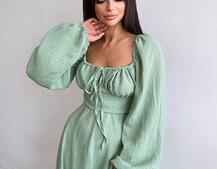 Муслінова сукня -міді з розрізом на ніжці  | PUSHKA SHOP