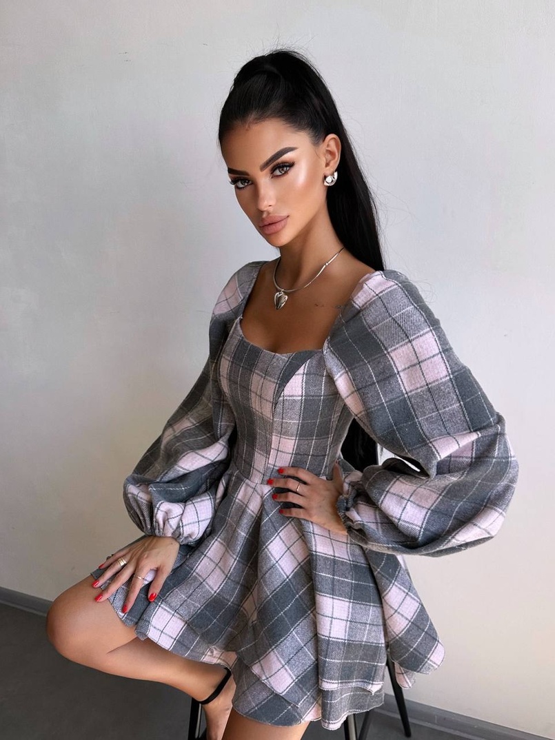 Корсетна сукня з подвійною спідницею та обʼємними рукавами у клітинку  Корсетна сукня з подвійною спідницею та обʼємними рукавами у клітинку  | PUSHKA SHOP