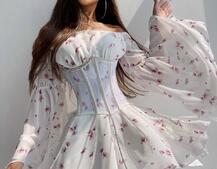 Шифонова сукня на підкладці з розкльошеними рукавами з асиметричною спідницею + корсет декорований стразами  | PUSHKA SHOP