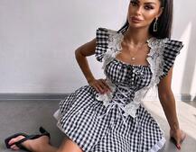 Сукня в клітинку декорована мереживом  Сукня в клітинку декорована мереживом  | PUSHKA SHOP