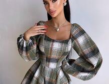 Корсетна сукня з подвійною спідницею та обʼємними рукавами у клітинку  Корсетна сукня з подвійною спідницею та обʼємними рукавами у клітинку  | PUSHKA SHOP