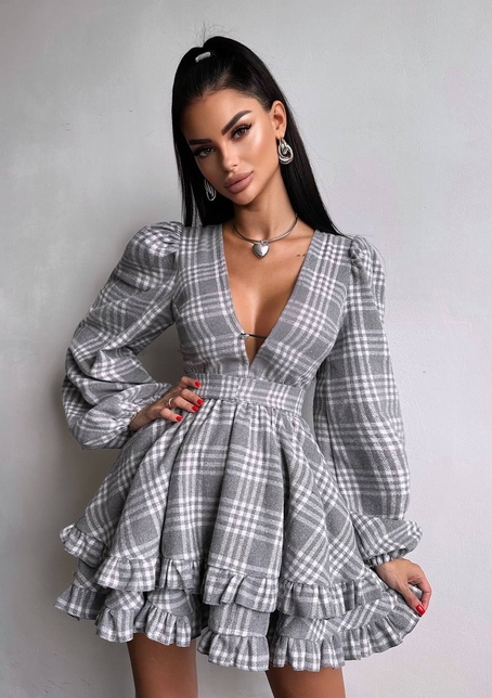 Сукня з подвійною спідницею та обʼємними рукавами у клітинку  | PUSHKA SHOP