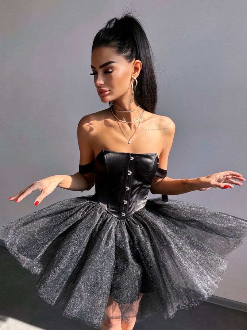 Атласна корсетна сукня міні з гачками та пишною фатиновою спідницею  | PUSHKA SHOP