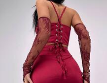 Комплект: корсет, декорований мереживом   + рукавички+ спідниця міні з драпіруванням   Комплект: корсет, декорований мереживом   + рукавички+ спідниця міні з драпіруванням   | PUSHKA SHOP