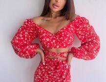 Квітковий комплект: топ із зав'язками на талії + спідниця міді з розрізом | PUSHKA SHOP