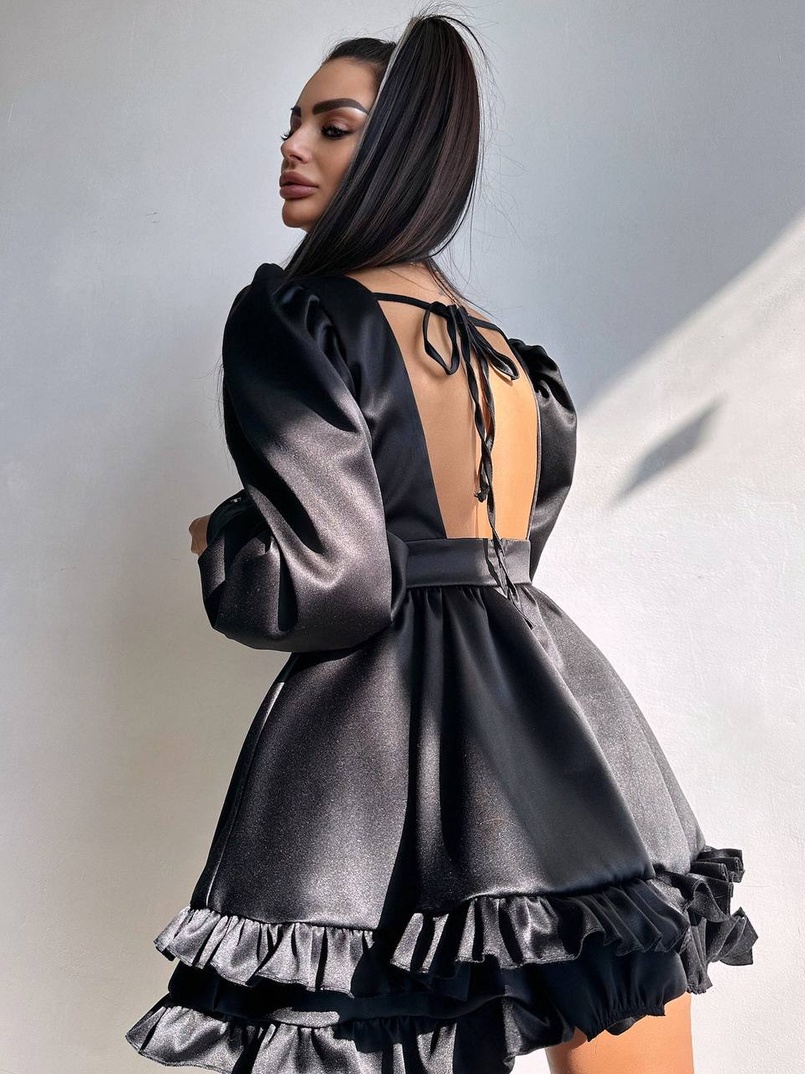 Атласна сукня з пишною подвійною спідницею та об‘ємними рукавами | PUSHKA SHOP