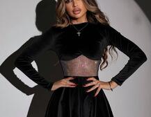 Оксамитова сукня декорована сіткою із стразами Оксамитова сукня декорована сіткою із стразами | PUSHKA SHOP