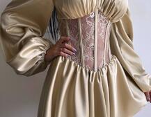 Атласна сукня з обʼємними рукавами та мереживом Атласна сукня з обʼємними рукавами та мереживом | PUSHKA SHOP