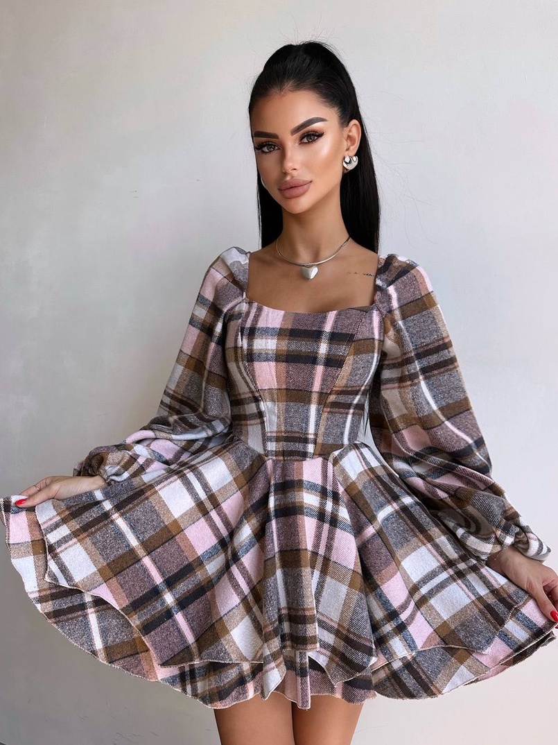 Корсетна сукня з подвійною спідницею та обʼємними рукавами у клітинку  Корсетна сукня з подвійною спідницею та обʼємними рукавами у клітинку  | PUSHKA SHOP