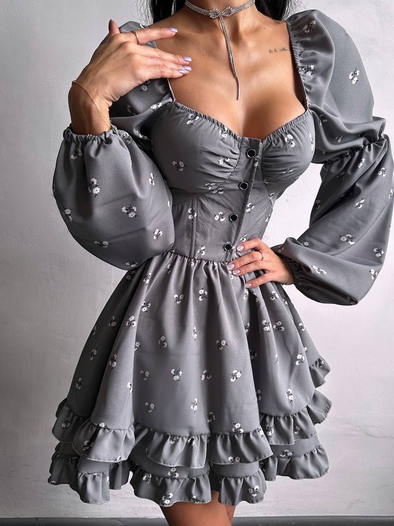 Сукня з квітковим принтом з воланами на ґудзиках  | PUSHKA SHOP