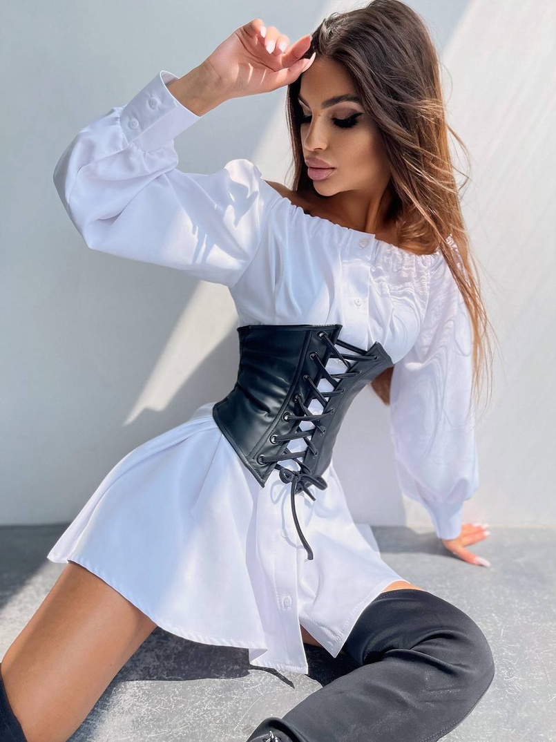 Приталена сукня-сорочка на плічках з корсетом з еко-шкіри | PUSHKA SHOP