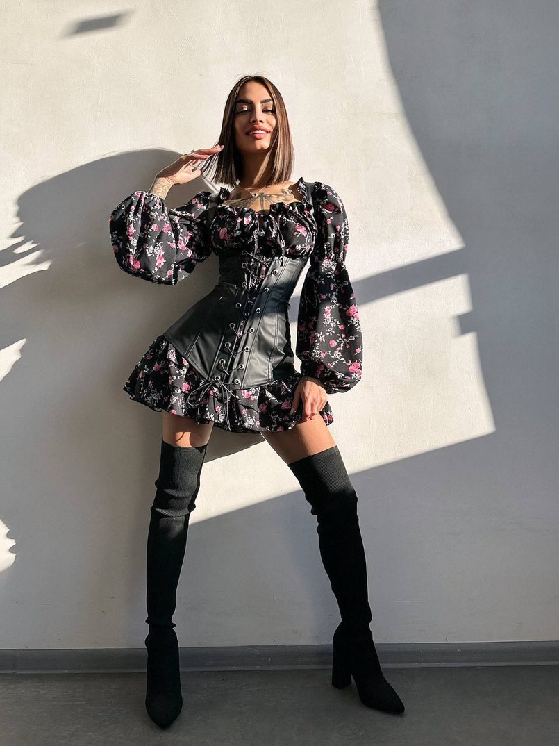 Комплект: сукня з квітковим принтом + корсет з еко-шкіри   | PUSHKA SHOP