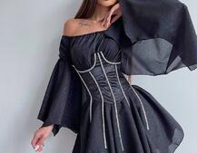 Шифонова сукня на підкладці з розкльошеними рукавами з асиметричною спідницею + корсет декорований стразами Ручна робота! Шифонова сукня на підкладці з розкльошеними рукавами з асиметричною спідницею + корсет декорований стразами Ручна робота! | PUSHKA SHOP