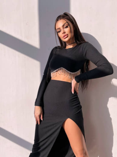 Комплект: спідниця з розрізом + топ, декорований бахромой зі страз | PUSHKA SHOP