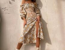 Сукня міді з розрізом в квітковий принт + прозорий корсет  | PUSHKA SHOP