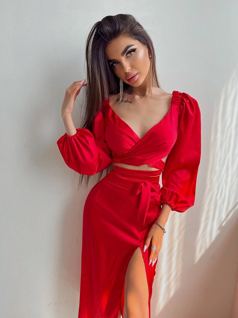 Шелковый комплект: топ с завязками на талии + юбка миди с разрезом  | PUSHKA SHOP