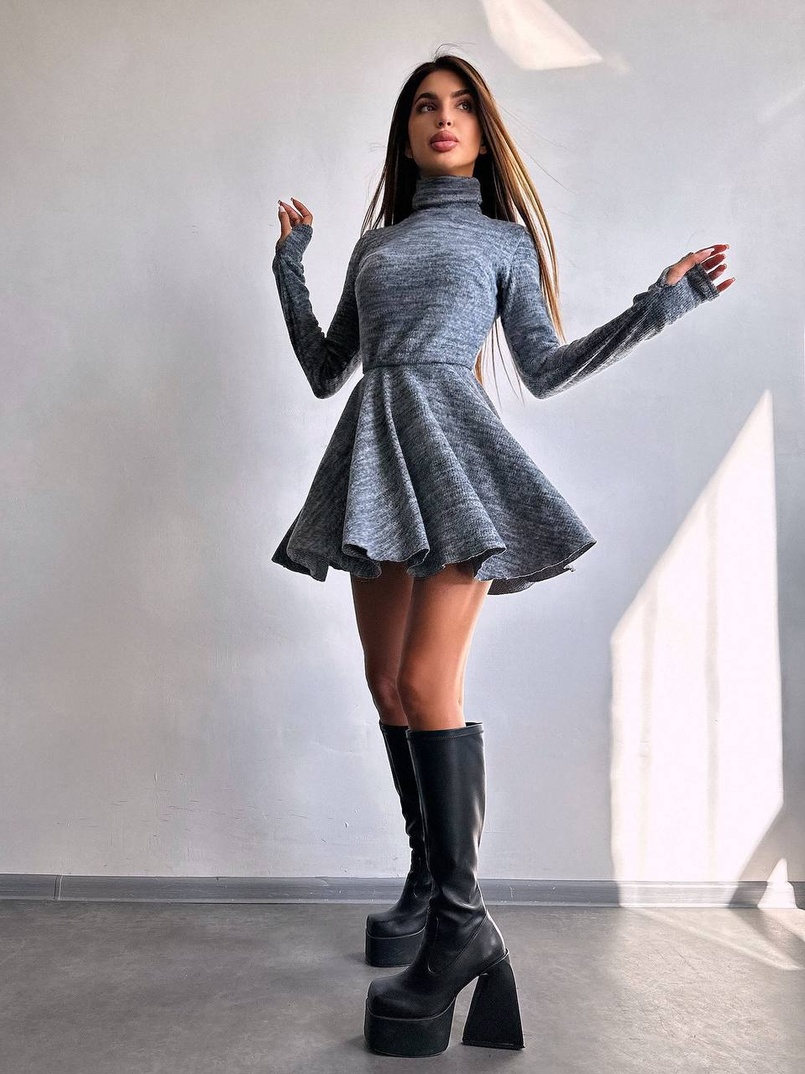 Трикотажна сукня міні із спідницею сонцем     | PUSHKA SHOP