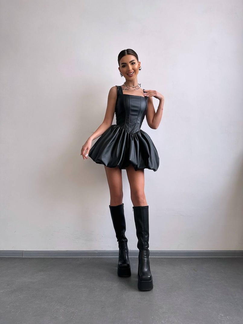 Корсетна сукня з еко-шкіри зі спідницею-балоном | PUSHKA SHOP