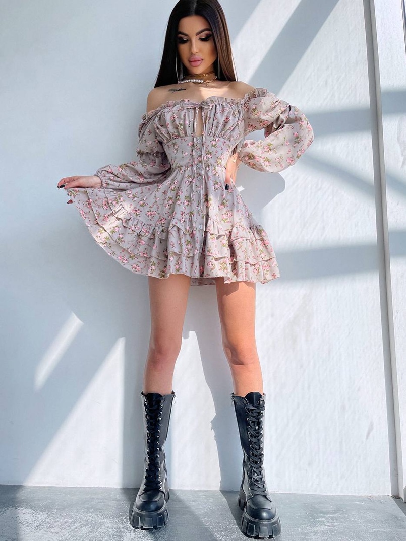 Сукня з квітковим принтом з воланами на ґудзиках  Сукня з квітковим принтом з воланами на ґудзиках  | PUSHKA SHOP