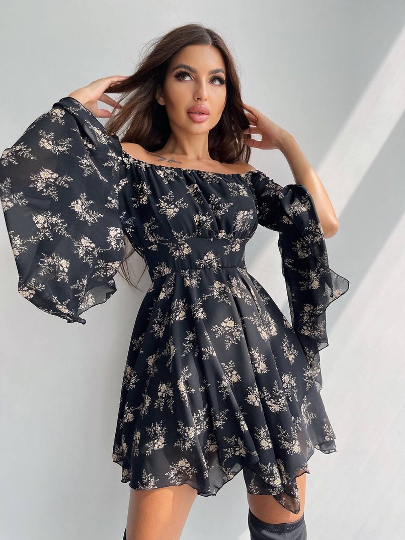 Шифонова сукня на підкладці з розкльошеними рукавами з асиметричною спідницею + корсет декорований стразами  Шифонова сукня на підкладці з розкльошеними рукавами з асиметричною спідницею + корсет декорований стразами  | PUSHKA SHOP