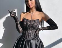 Комплект : мереживий корсет   + рукавички +спідниця балон міді  | PUSHKA SHOP
