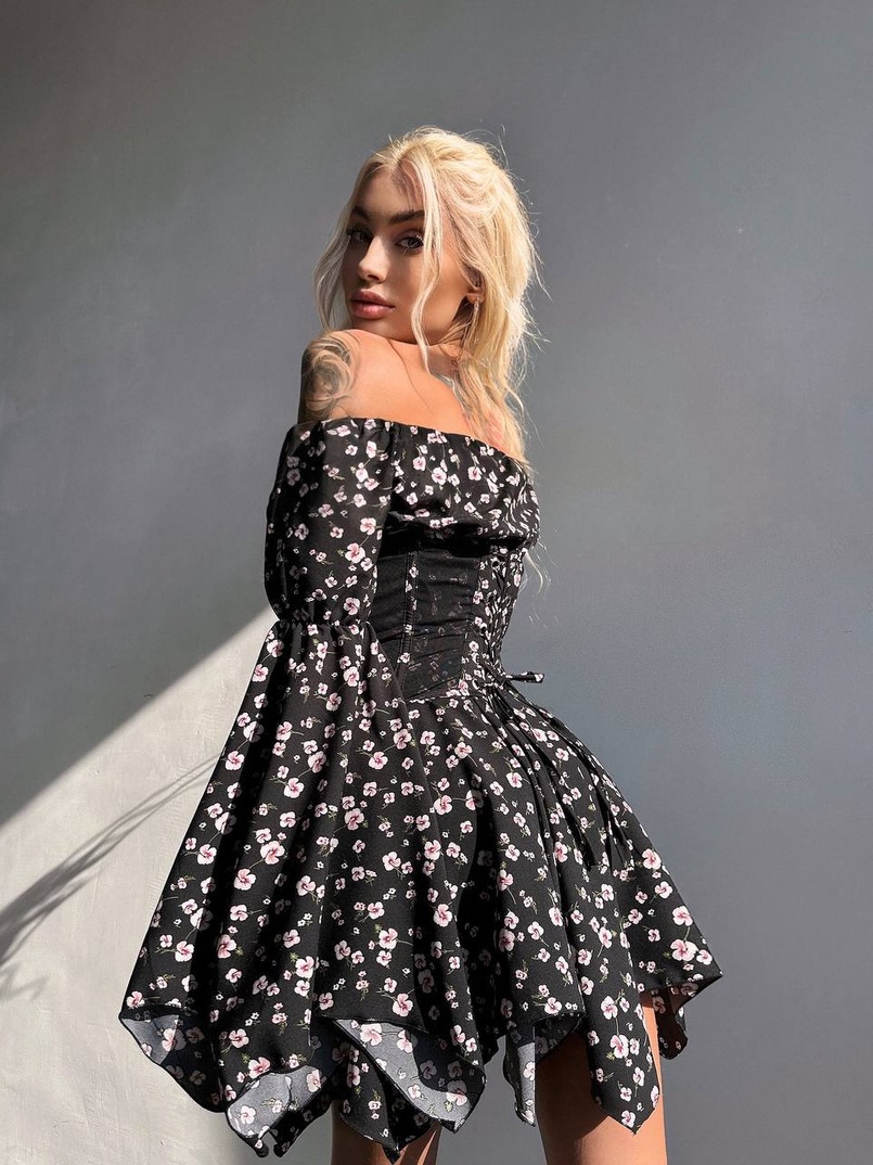 Сукня з асиметричною спідницею та розкльошеними рукавами + корсет  | PUSHKA SHOP