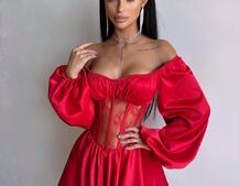 Атласна сукня з обʼємними рукавами та мереживом Атласна сукня з обʼємними рукавами та мереживом | PUSHKA SHOP