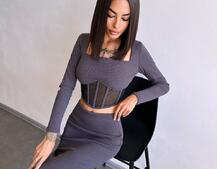 Трикотажний комплект: топ з елементами корсету та спідниця з розрізами  | PUSHKA SHOP