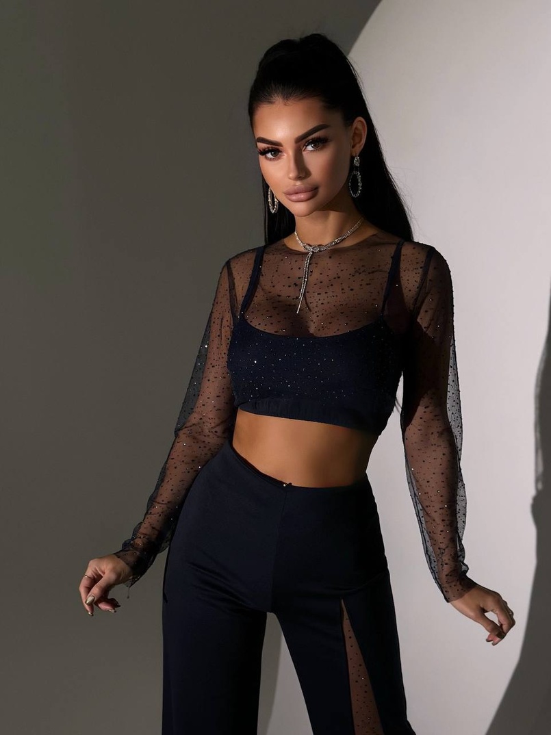 Комплект: топ + штани із сіткою зі стразами  Комплект: топ + штани із сіткою зі стразами  | PUSHKA SHOP