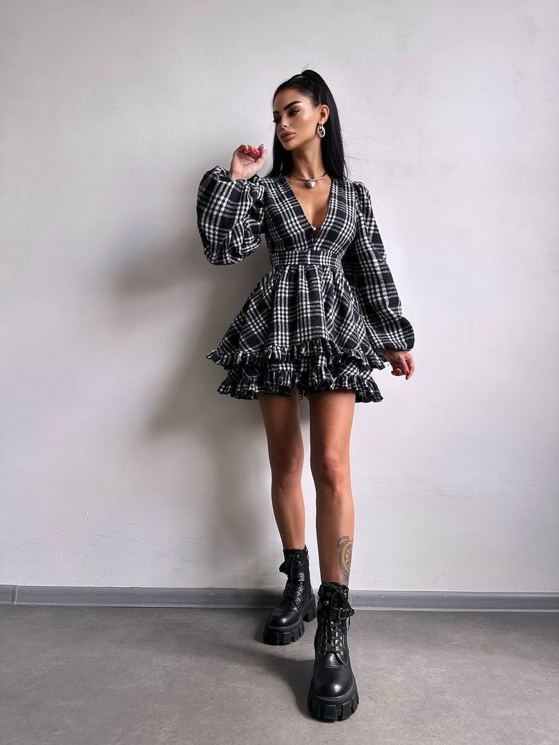 Сукня з подвійною спідницею та обʼємними рукавами у клітинку  Сукня з подвійною спідницею та обʼємними рукавами у клітинку  | PUSHKA SHOP