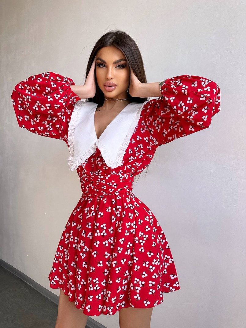 Сукня з коміром та об'ємними рукавами з широким поясом | PUSHKA SHOP