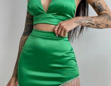 Комплект: топ с чашечками + юбка, декорированным бахромой из страз  | PUSHKA SHOP