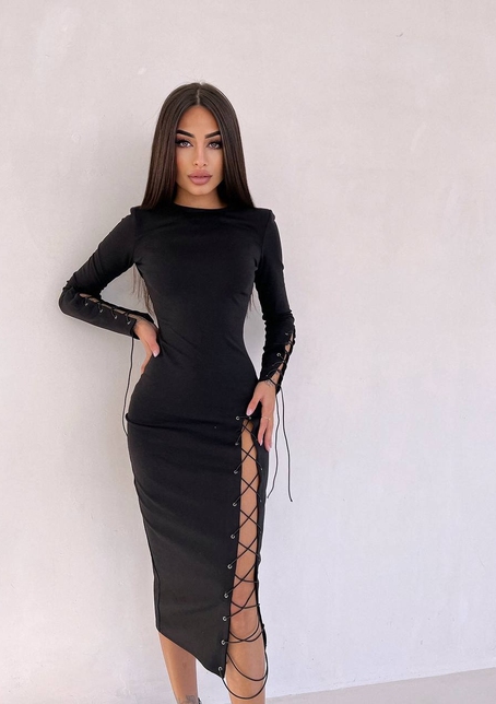 Сукня міді зі шнурівкою на ніжці та на рукавах | PUSHKA SHOP