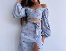 Квітковий комплект: топ із зав'язками на талії + спідниця міді з розрізом | PUSHKA SHOP