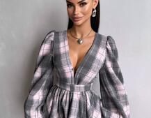 Сукня з подвійною спідницею та обʼємними рукавами у клітинку  Сукня з подвійною спідницею та обʼємними рукавами у клітинку  | PUSHKA SHOP