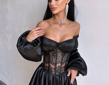 Атласна сукня з обʼємними рукавами та мереживом Атласна сукня з обʼємними рукавами та мереживом | PUSHKA SHOP