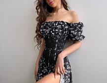 Сукня міді з розрізом в квітковий принт + прозорий корсет  | PUSHKA SHOP