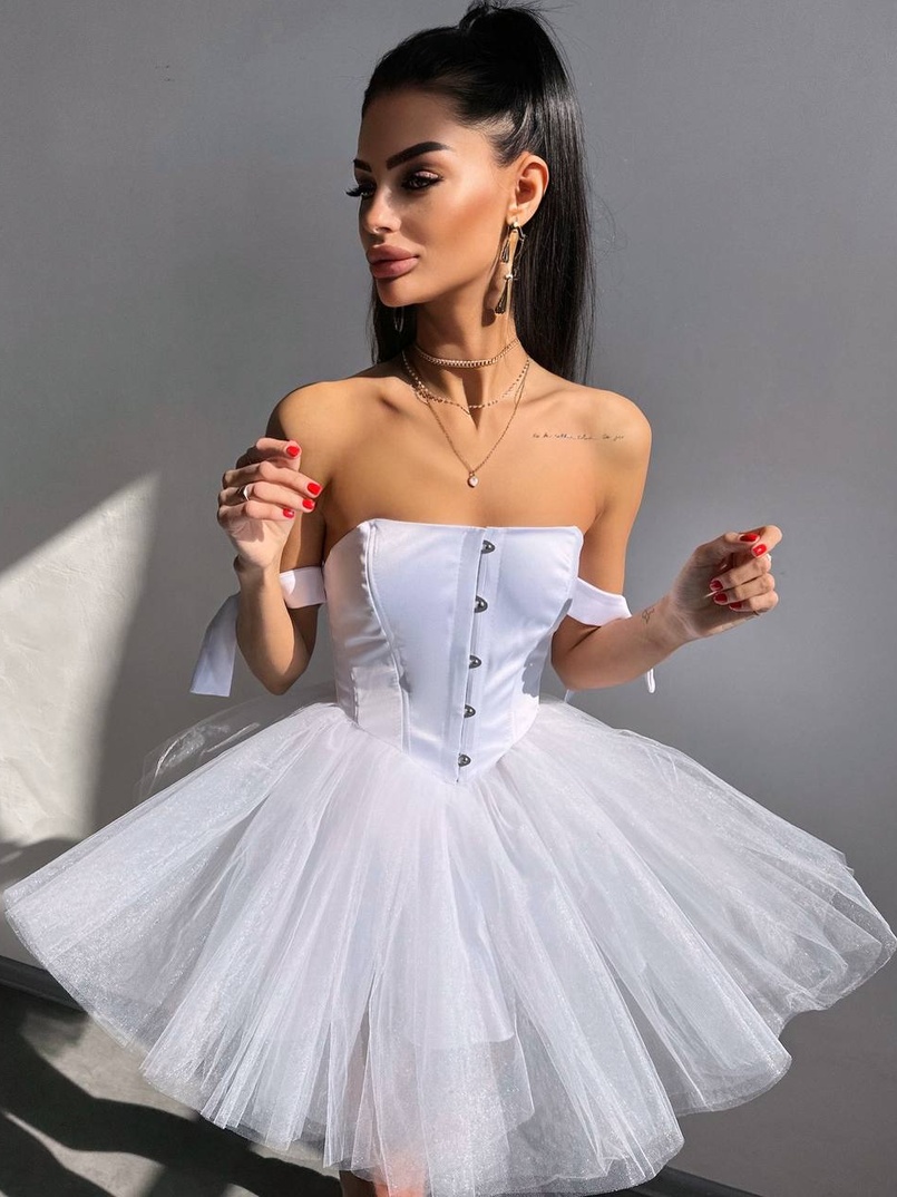 Атласна корсетна сукня міні з гачками та пишною фатиновою спідницею  Атласна корсетна сукня міні з гачками та пишною фатиновою спідницею  | PUSHKA SHOP