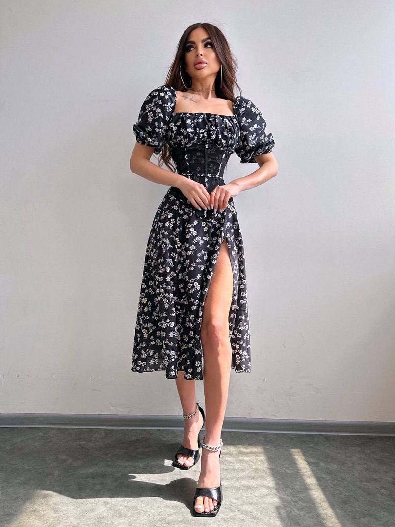 Сукня міді з розрізом в квітковий принт + прозорий корсет  | PUSHKA SHOP
