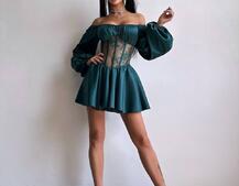 Атласна сукня з обʼємними рукавами та мереживом | PUSHKA SHOP