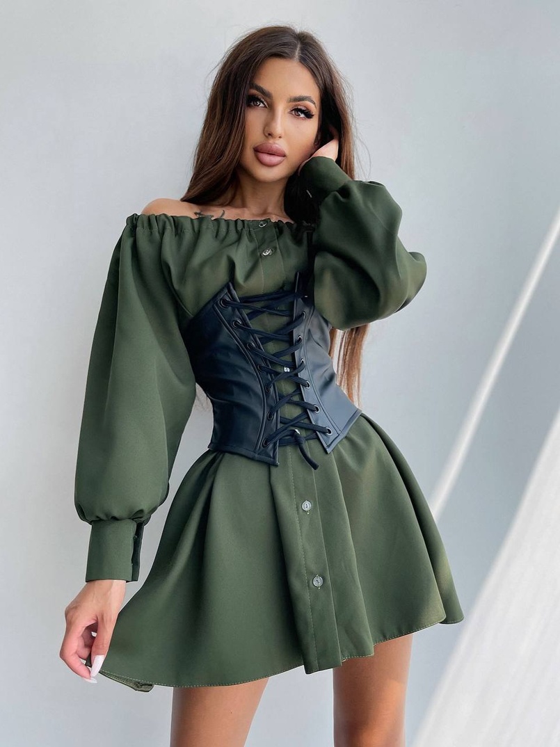 Приталена сукня-сорочка на плічках з корсетом з еко-шкіри | PUSHKA SHOP