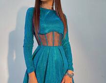 Приталена блискуча сукня з корсетною вставкою та пишною спідницею-сонцем Приталена блискуча сукня з корсетною вставкою та пишною спідницею-сонцем | PUSHKA SHOP