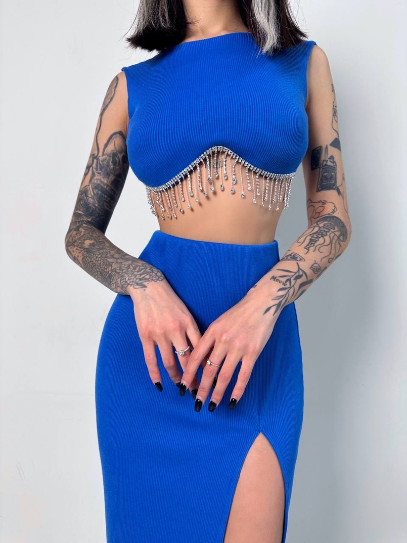 Комплект: топ з бахромою зі страз та спідниця з розрізом  | PUSHKA SHOP