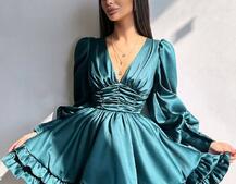 Атласна сукня з пишною подвійною спідницею та об‘ємними рукавами | PUSHKA SHOP