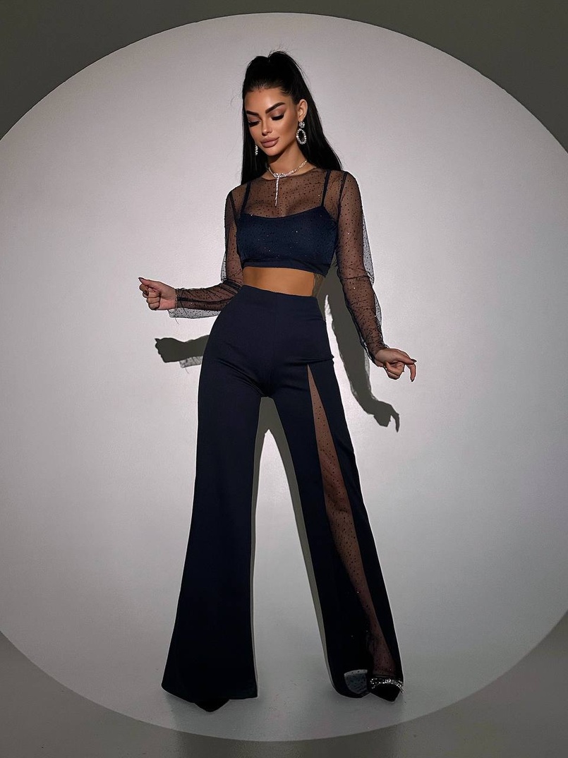 Комплект: топ + штани із сіткою зі стразами  Комплект: топ + штани із сіткою зі стразами  | PUSHKA SHOP