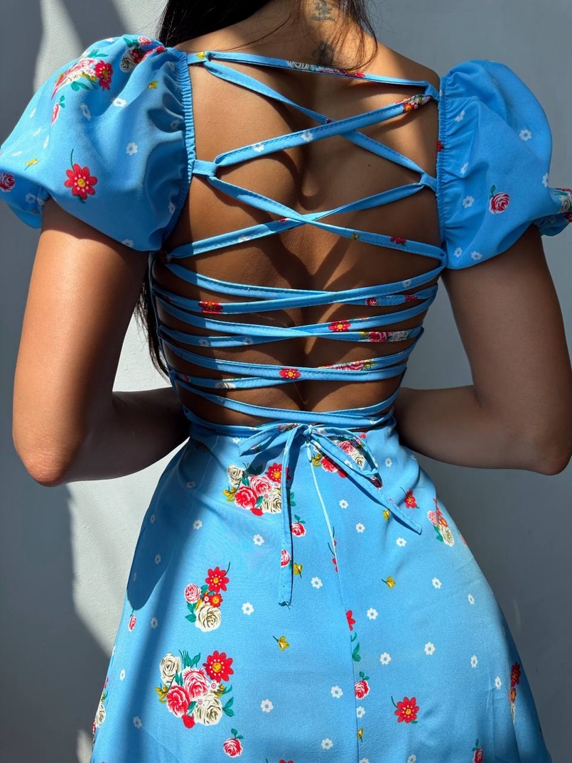 Сукня- міні у квітковий принт зі шнурівкою на спинці  Сукня- міні у квітковий принт зі шнурівкою на спинці  | PUSHKA SHOP