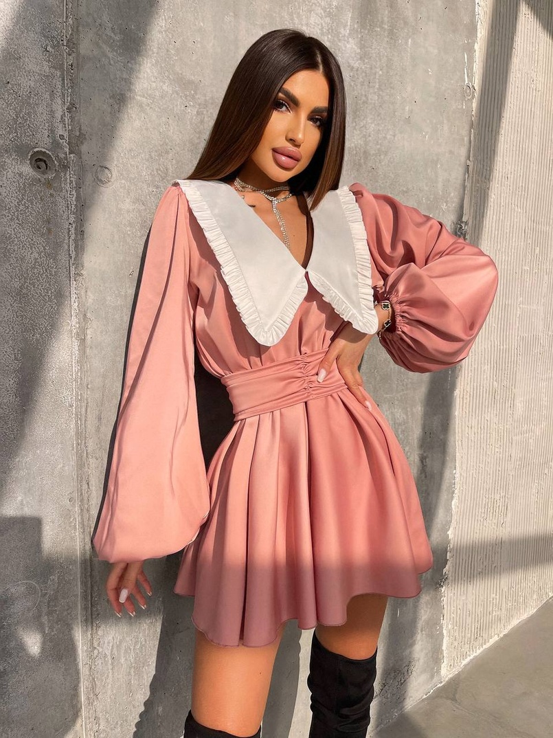 Сукня з коміром та об'ємними рукавами з широким поясом | PUSHKA SHOP