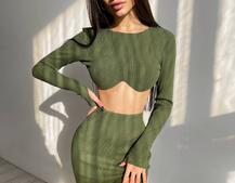 Трикотажный комплект: топ с чашечками push up + юбка миди с разрезом  Трикотажный комплект: топ с чашечками push up + юбка миди с разрезом  | PUSHKA SHOP